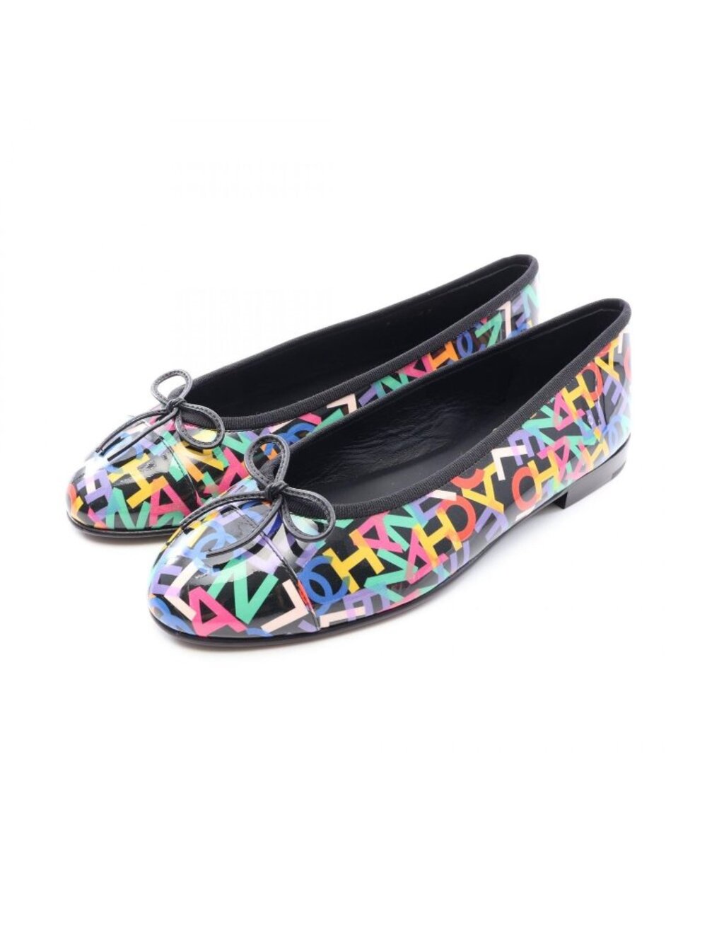 Chanel Pumps Ballerina Logo All Over Print Patent Leather Ballet Shoes